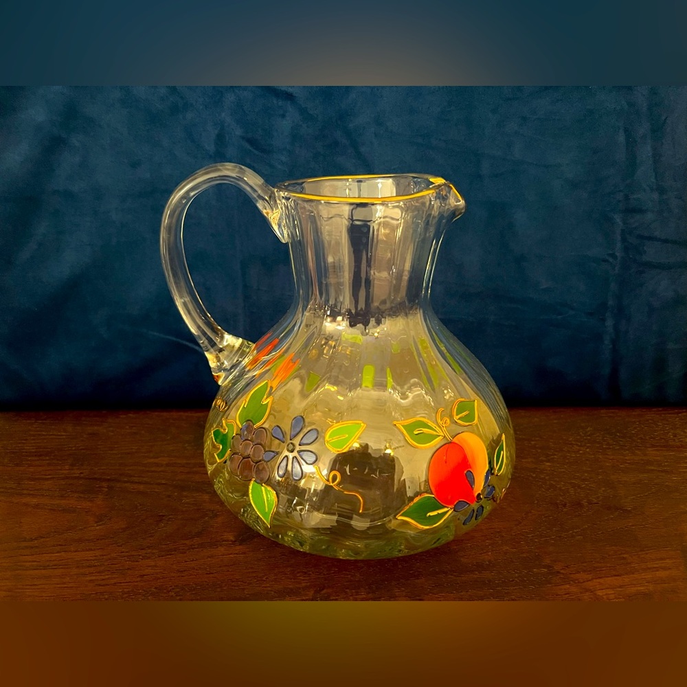 Vtg Handcrafted Lead Crystal Romanian Pitcher Raised Painted Detail Fruit Theme